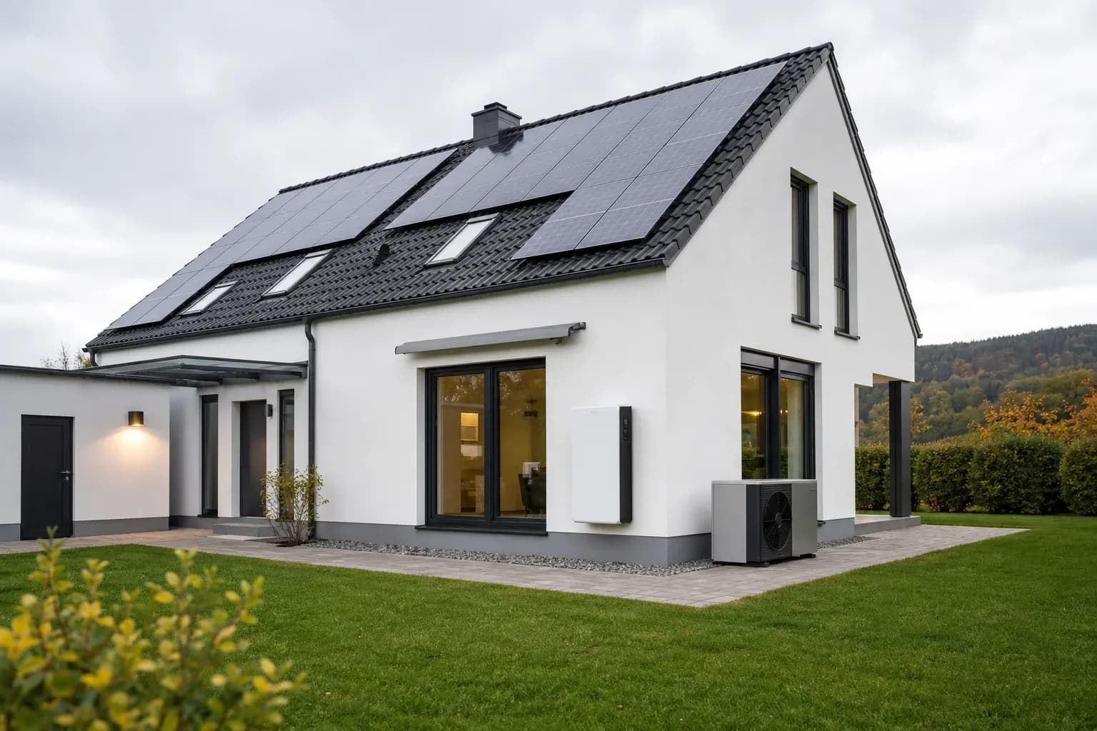 Illustrative view of a home with rooftop solar panels, a battery unit, and a heat pump in a residential setting