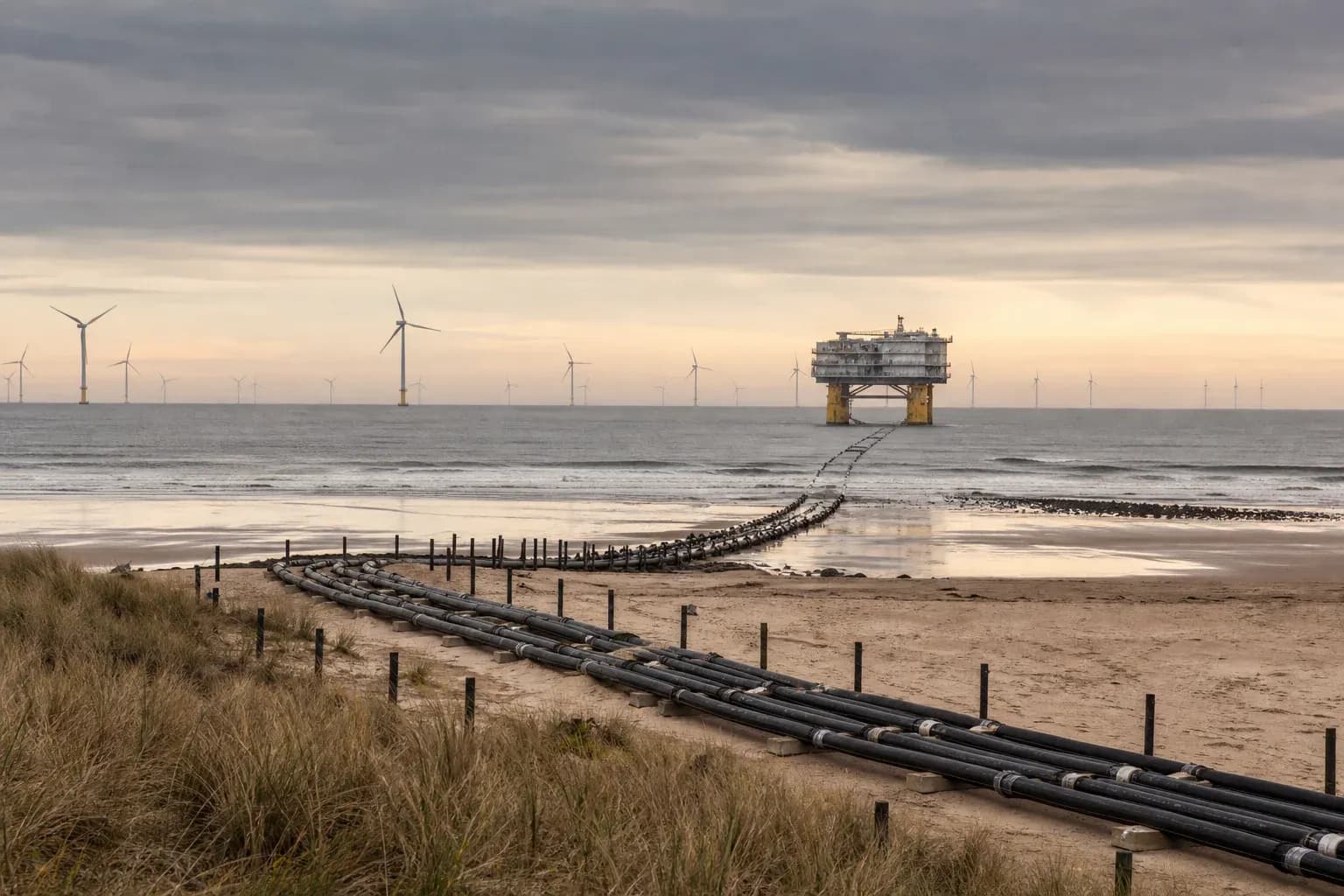 Illustrative view of offshore wind transmission infrastructure linking a North Sea wind farm to Britain’s grid